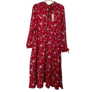 UNIQUE VINTAGE dress, size 1X / 16. Red with floral. Long sleeves, MIDI.